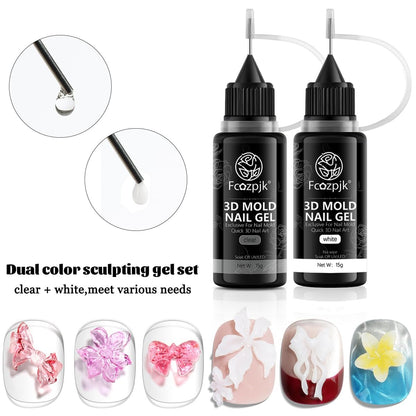Fcozpjk 3D Sculpting Gel - 2 Pack Clear White Molding Gel for Nail Art, Quick Dry UV Cure Gel for Silicone Molds, DIY Nail Charms & 3D Flower Design