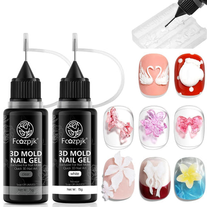 Fcozpjk 3D Sculpting Gel - 2 Pack Clear White Molding Gel for Nail Art, Quick Dry UV Cure Gel for Silicone Molds, DIY Nail Charms & 3D Flower Design