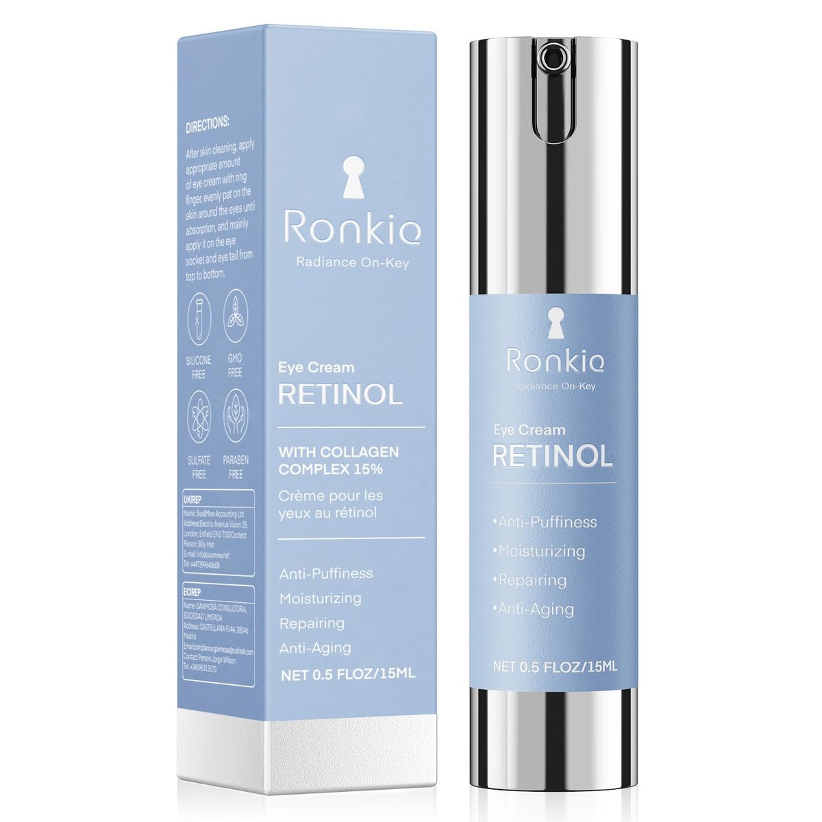 RONKIE Retinol Eye Cream for Dark Circles & Anti-Wrinkle - Night Care Under Eye Cream Reduces Eye Bags - 0.5 fl oz - görsel 1