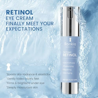 RONKIE Retinol Eye Cream for Dark Circles & Anti-Wrinkle - Night Care Under Eye Cream Reduces Eye Bags - 0.5 fl oz