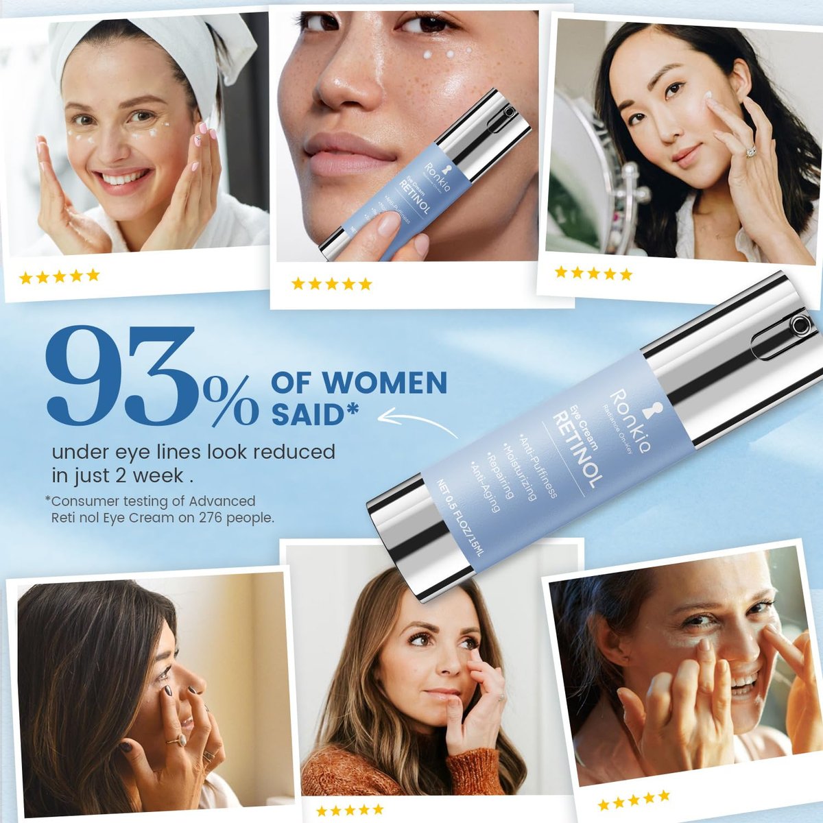RONKIE Retinol Eye Cream for Dark Circles & Anti-Wrinkle - Night Care Under Eye Cream Reduces Eye Bags - 0.5 fl oz - görsel 11