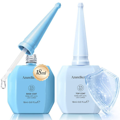 AZUREBEAUTY 18ml Gel Base and Top Coat Set – No Wipe High Gloss Soak Off UV/LED Nail Polish, Long-Lasting Clear Gel for Smooth Shiny Manicure