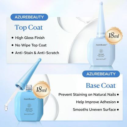 AZUREBEAUTY 18ml Gel Base and Top Coat Set – No Wipe High Gloss Soak Off UV/LED Nail Polish, Long-Lasting Clear Gel for Smooth Shiny Manicure