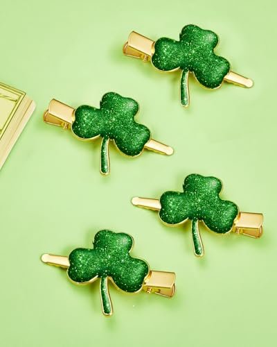 Glitter Shamrock Green Hair Clips - 4 PCS Lucky Shamrock Hairpins, St. Patrick's Day Accessories, Green Hair Accessories, Glitter Clover Alloy Hair Clips - görsel 4