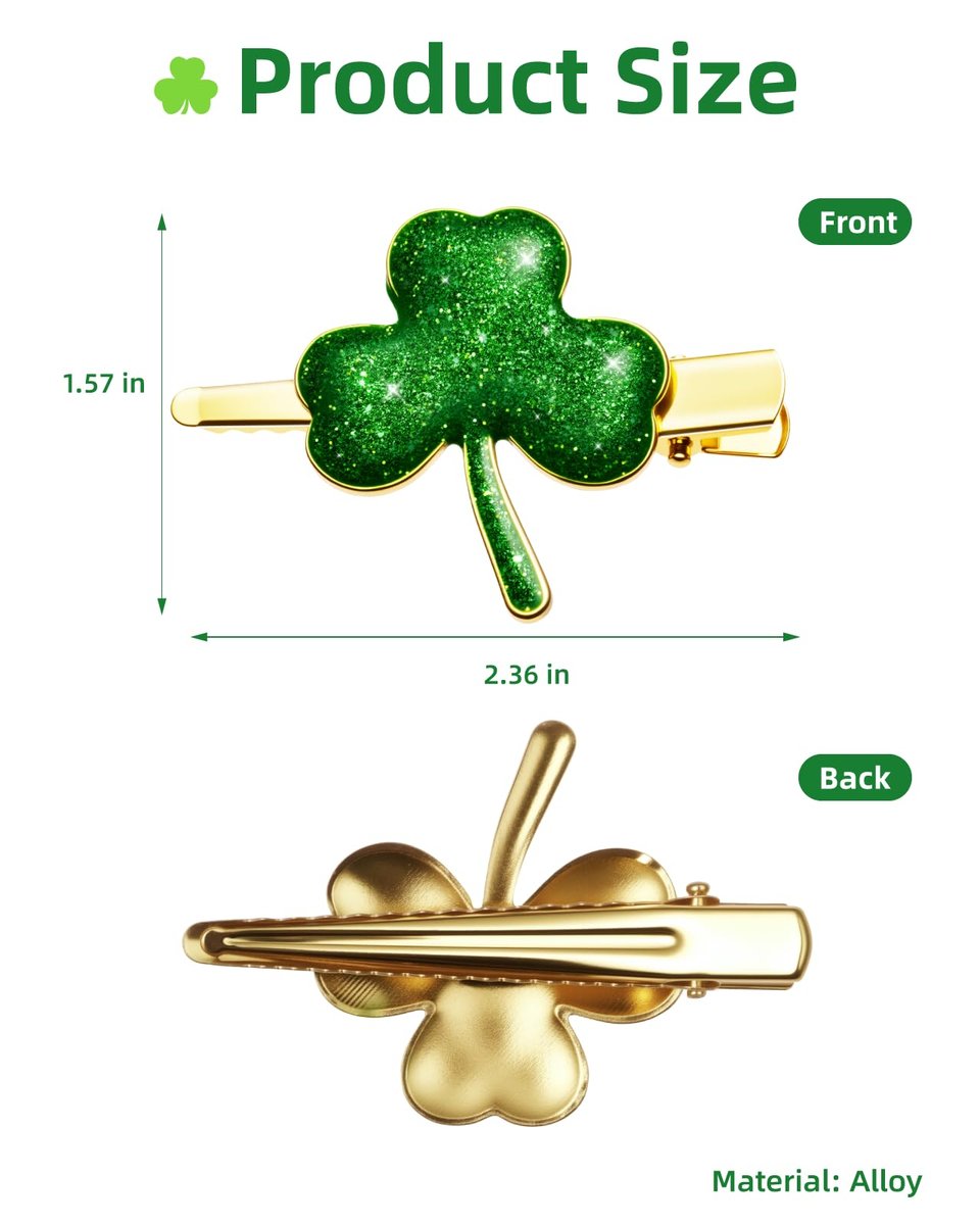 Glitter Shamrock Green Hair Clips - 4 PCS Lucky Shamrock Hairpins, St. Patrick's Day Accessories, Green Hair Accessories, Glitter Clover Alloy Hair Clips - görsel 9