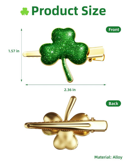 Glitter Shamrock Green Hair Clips - 4 PCS Lucky Shamrock Hairpins, St. Patrick's Day Accessories, Green Hair Accessories, Glitter Clover Alloy Hair Clips
