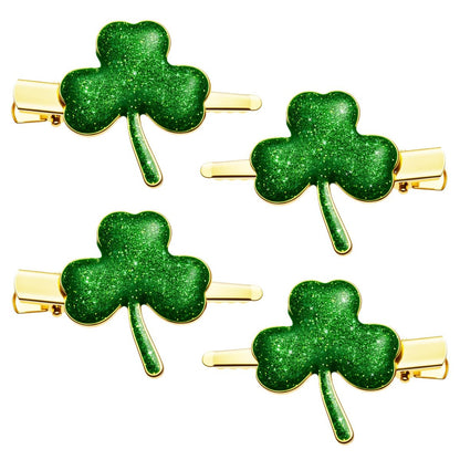Glitter Shamrock Green Hair Clips - 4 PCS Lucky Shamrock Hairpins, St. Patrick's Day Accessories, Green Hair Accessories, Glitter Clover Alloy Hair Clips