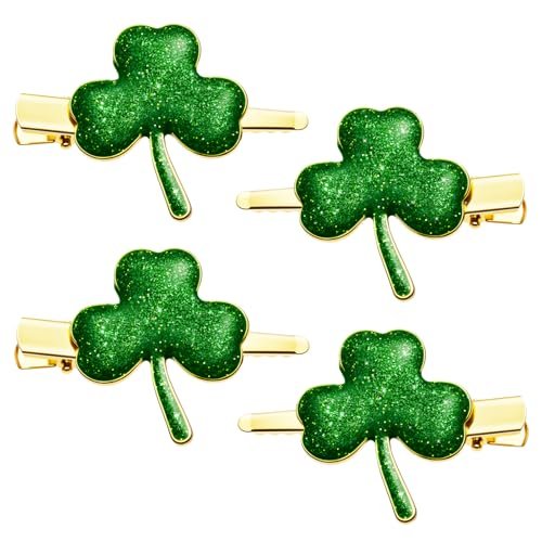 Glitter Shamrock Green Hair Clips - 4 PCS Lucky Shamrock Hairpins, St. Patrick's Day Accessories, Green Hair Accessories, Glitter Clover Alloy Hair Clips - görsel 2
