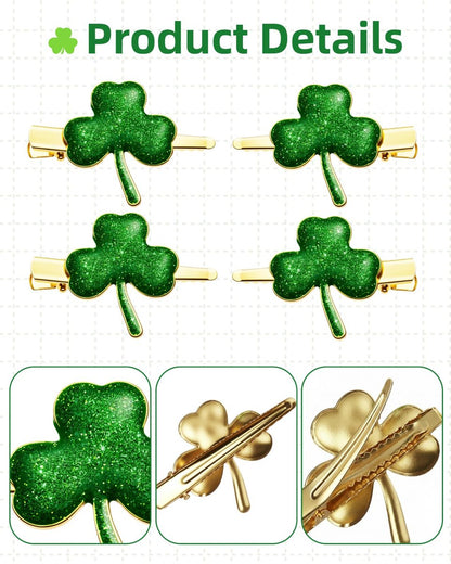 Glitter Shamrock Green Hair Clips - 4 PCS Lucky Shamrock Hairpins, St. Patrick's Day Accessories, Green Hair Accessories, Glitter Clover Alloy Hair Clips