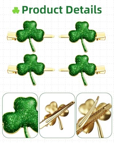 Glitter Shamrock Green Hair Clips - 4 PCS Lucky Shamrock Hairpins, St. Patrick's Day Accessories, Green Hair Accessories, Glitter Clover Alloy Hair Clips