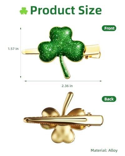 Glitter Shamrock Green Hair Clips - 4 PCS Lucky Shamrock Hairpins, St. Patrick's Day Accessories, Green Hair Accessories, Glitter Clover Alloy Hair Clips