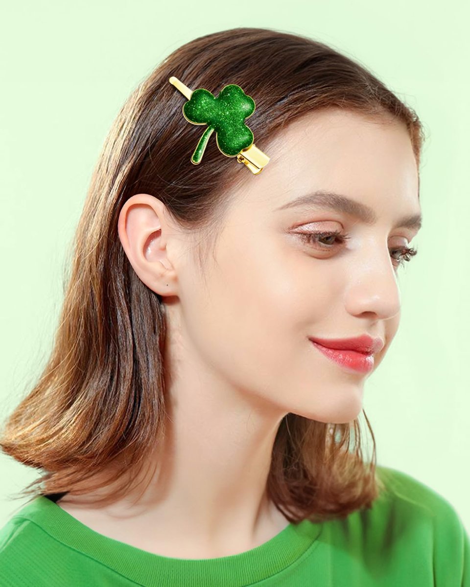 Glitter Shamrock Green Hair Clips - 4 PCS Lucky Shamrock Hairpins, St. Patrick's Day Accessories, Green Hair Accessories, Glitter Clover Alloy Hair Clips - görsel 5