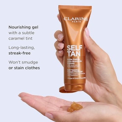 Clarins Self-Tanning Gel - Quick Drying Self Tanner for Face and Body, Buildable Streak-Free Natural Sun-Kissed Glow, 24H Hydration, Aloe Vera & Glycerin, 4.5 oz Avelisse