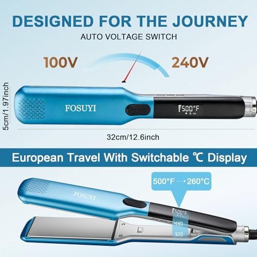 FOSUYI Professional Hair Straightener – 500°F High Temp Flat Iron with 2-Inch Ceramic Wide Plates, 2-in-1 Straightener and Curler, Negative Ion Anti-Frizz Styling Tool for Smooth, Shiny Hair (Blue, 1.75 Inch) Avelisse