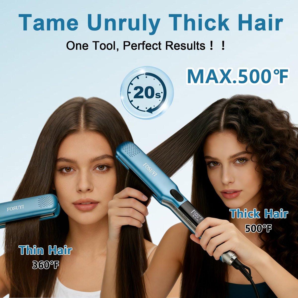 FOSUYI Professional Hair Straightener – 500°F High Temp Flat Iron with 2-Inch Ceramic Wide Plates, 2-in-1 Straightener and Curler, Negative Ion Anti-Frizz Styling Tool for Smooth, Shiny Hair (Blue, 1.75 Inch) Avelisse