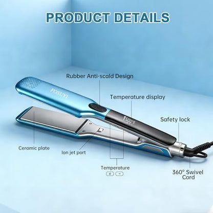 FOSUYI Professional Hair Straightener – 500°F High Temp Flat Iron with 2-Inch Ceramic Wide Plates, 2-in-1 Straightener and Curler, Negative Ion Anti-Frizz Styling Tool for Smooth, Shiny Hair (Blue, 1.75 Inch) Avelisse