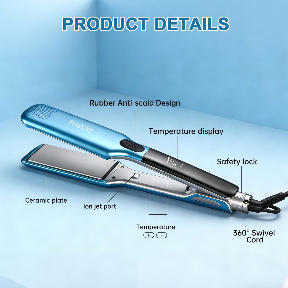 FOSUYI Professional Hair Straightener – 500°F High Temp Flat Iron with 2-Inch Ceramic Wide Plates, 2-in-1 Straightener and Curler, Negative Ion Anti-Frizz Styling Tool for Smooth, Shiny Hair (Blue, 1.75 Inch) Avelisse