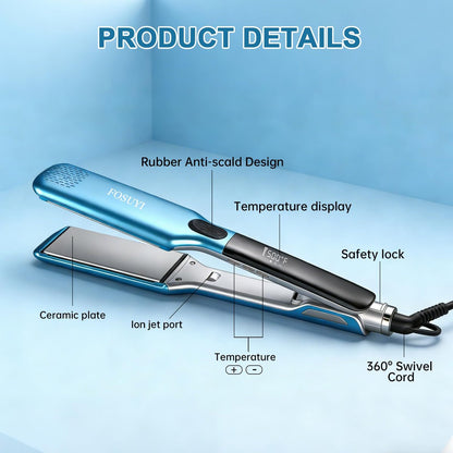 FOSUYI Professional Hair Straightener – 500°F High Temp Flat Iron with 2-Inch Ceramic Wide Plates, 2-in-1 Straightener and Curler, Negative Ion Anti-Frizz Styling Tool for Smooth, Shiny Hair (Blue, 1.75 Inch) Avelisse