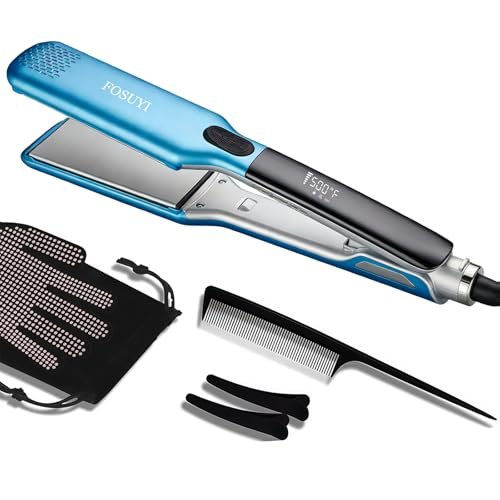 FOSUYI Professional Hair Straightener – 500°F High Temp Flat Iron with 2-Inch Ceramic Wide Plates, 2-in-1 Straightener and Curler, Negative Ion Anti-Frizz Styling Tool for Smooth, Shiny Hair (Blue, 1.75 Inch) Avelisse