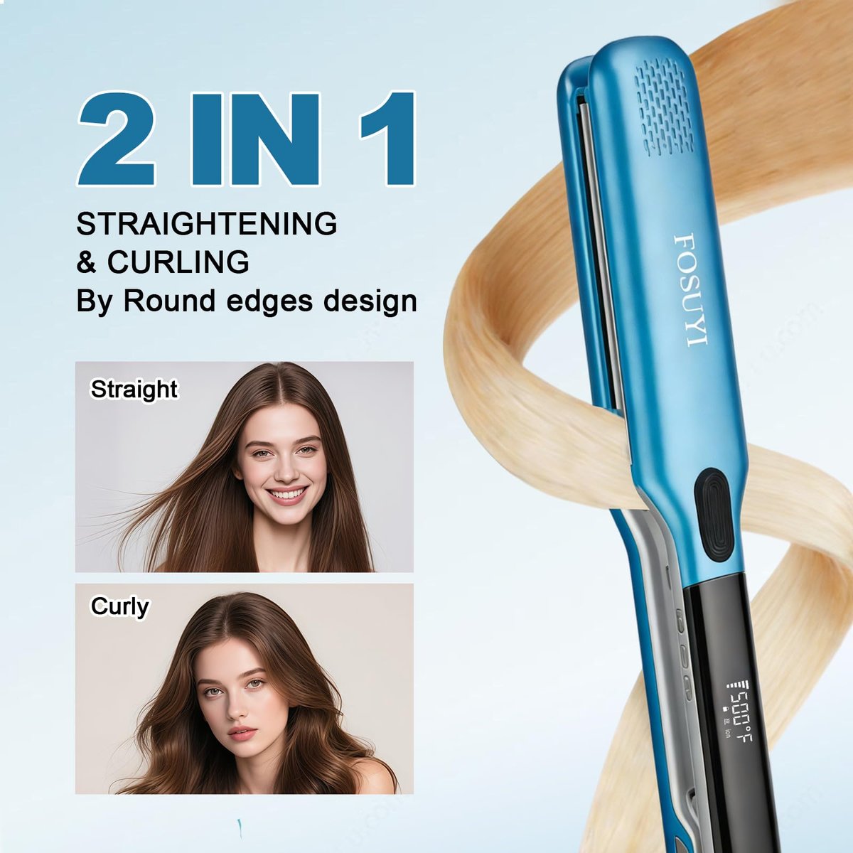 FOSUYI Professional Hair Straightener – 500°F High Temp Flat Iron with 2-Inch Ceramic Wide Plates, 2-in-1 Straightener and Curler, Negative Ion Anti-Frizz Styling Tool for Smooth, Shiny Hair (Blue, 1.75 Inch) Avelisse
