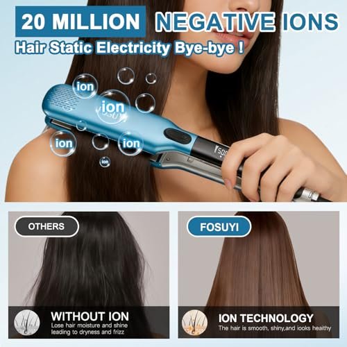 FOSUYI Professional Hair Straightener – 500°F High Temp Flat Iron with 2-Inch Ceramic Wide Plates, 2-in-1 Straightener and Curler, Negative Ion Anti-Frizz Styling Tool for Smooth, Shiny Hair (Blue, 1.75 Inch) Avelisse