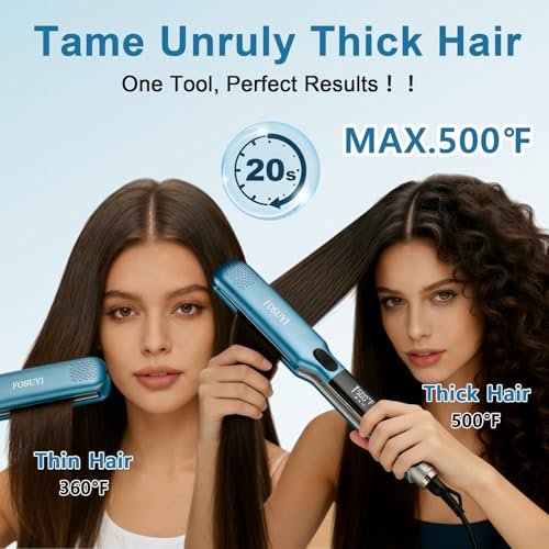 FOSUYI Professional Hair Straightener – 500°F High Temp Flat Iron with 2-Inch Ceramic Wide Plates, 2-in-1 Straightener and Curler, Negative Ion Anti-Frizz Styling Tool for Smooth, Shiny Hair (Blue, 1.75 Inch) Avelisse