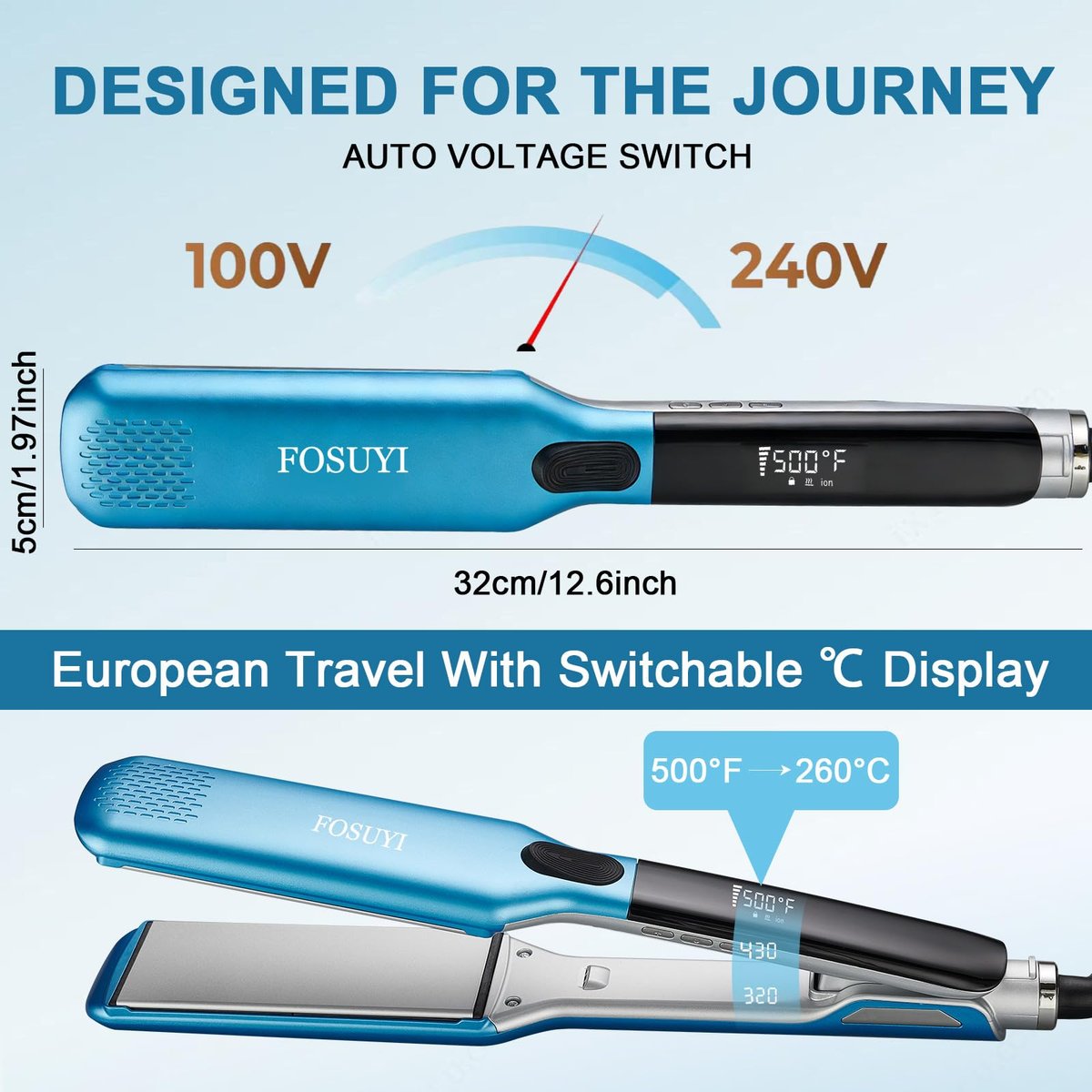 FOSUYI Professional Hair Straightener – 500°F High Temp Flat Iron with 2-Inch Ceramic Wide Plates, 2-in-1 Straightener and Curler, Negative Ion Anti-Frizz Styling Tool for Smooth, Shiny Hair (Blue, 1.75 Inch) Avelisse