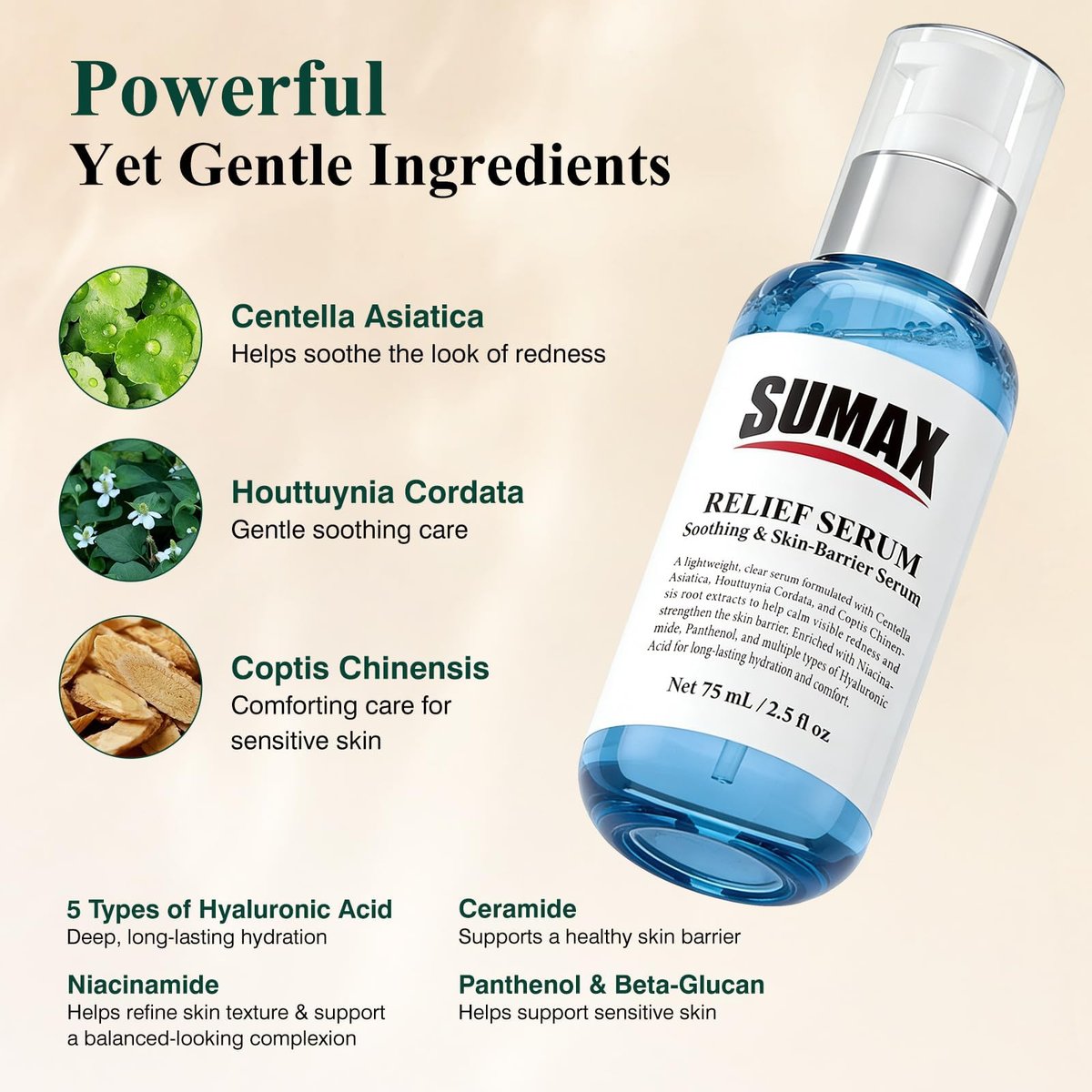 SUMAX Relief Serum - Face Serum with Centella + Hyaluronic Acid for Sensitive & Blemish-Prone Skin, Soothes Redness, Supports Skin Barrier, Lightweight Non-Sticky, 2.5 fl oz (75 mL) Avelisse