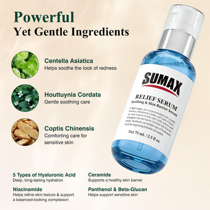 SUMAX Relief Serum - Face Serum with Centella + Hyaluronic Acid for Sensitive & Blemish-Prone Skin, Soothes Redness, Supports Skin Barrier, Lightweight Non-Sticky, 2.5 fl oz (75 mL) Avelisse