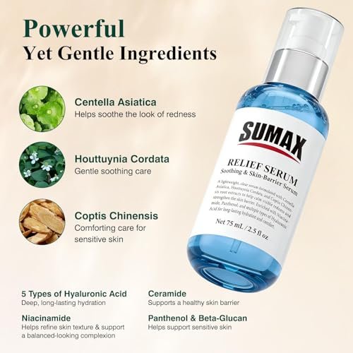 SUMAX Relief Serum - Face Serum with Centella + Hyaluronic Acid for Sensitive & Blemish-Prone Skin, Soothes Redness, Supports Skin Barrier, Lightweight Non-Sticky, 2.5 fl oz (75 mL) Avelisse