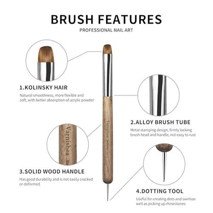 varnishea Kolinsky French Tip Nail Art Brush - Size 6, Solid Wood Handle, Professional Gel & Acrylic Nail Dotting Tool for Manicure Clean Up