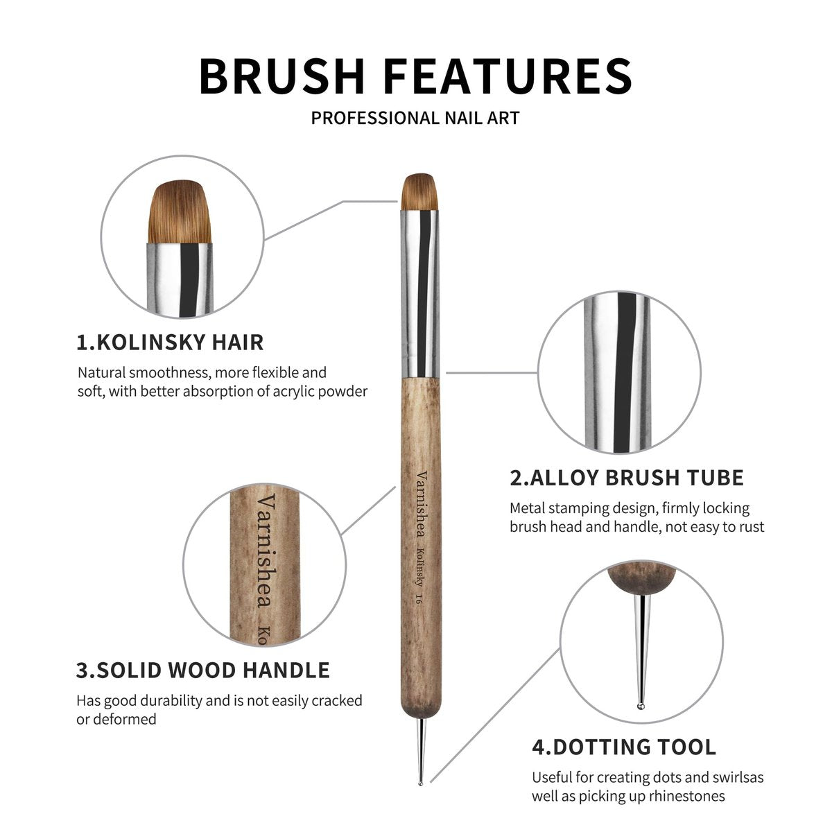 varnishea Kolinsky French Tip Nail Art Brush - Size 6, Solid Wood Handle, Professional Gel & Acrylic Nail Dotting Tool for Manicure Clean Up - görsel 5