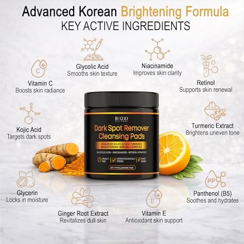 Dark Spot Remover Cleansing Pads with Kojic Acid & Turmeric - Advanced Korean Brightening Serum Complex with Glycolic Acid, Niacinamide, Retinol & Vitamin C for Face & Body - 60 Hypoallergenic Pads Avelisse