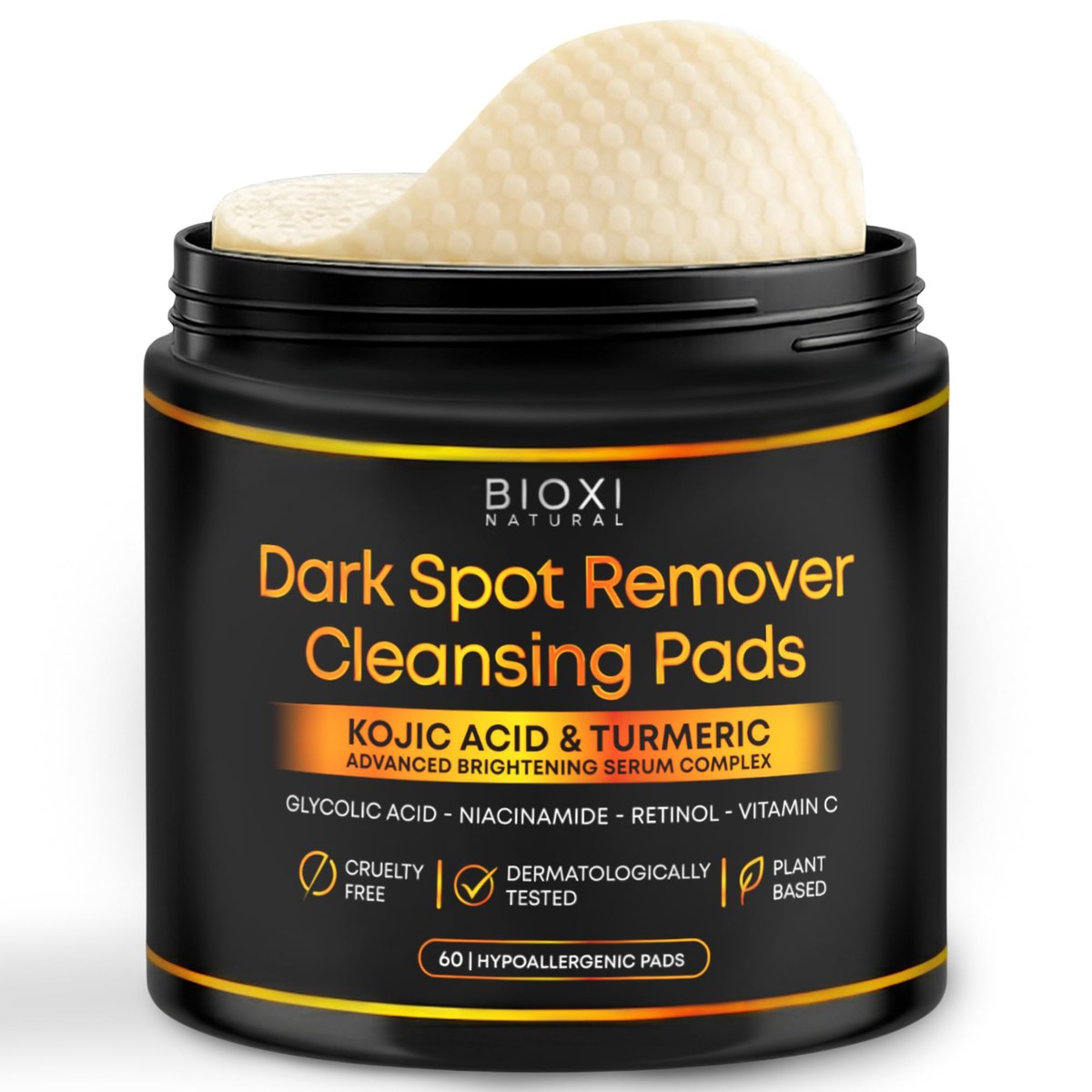 Dark Spot Remover Cleansing Pads with Kojic Acid & Turmeric - Advanced Korean Brightening Serum Complex with Glycolic Acid, Niacinamide, Retinol & Vitamin C for Face & Body - 60 Hypoallergenic Pads Avelisse