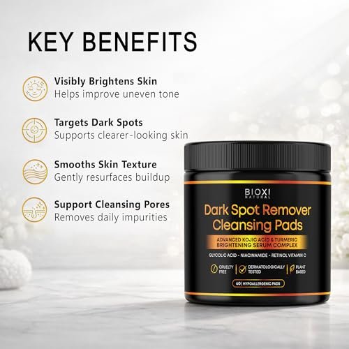 Dark Spot Remover Cleansing Pads with Kojic Acid & Turmeric - Advanced Korean Brightening Serum Complex with Glycolic Acid, Niacinamide, Retinol & Vitamin C for Face & Body - 60 Hypoallergenic Pads Avelisse