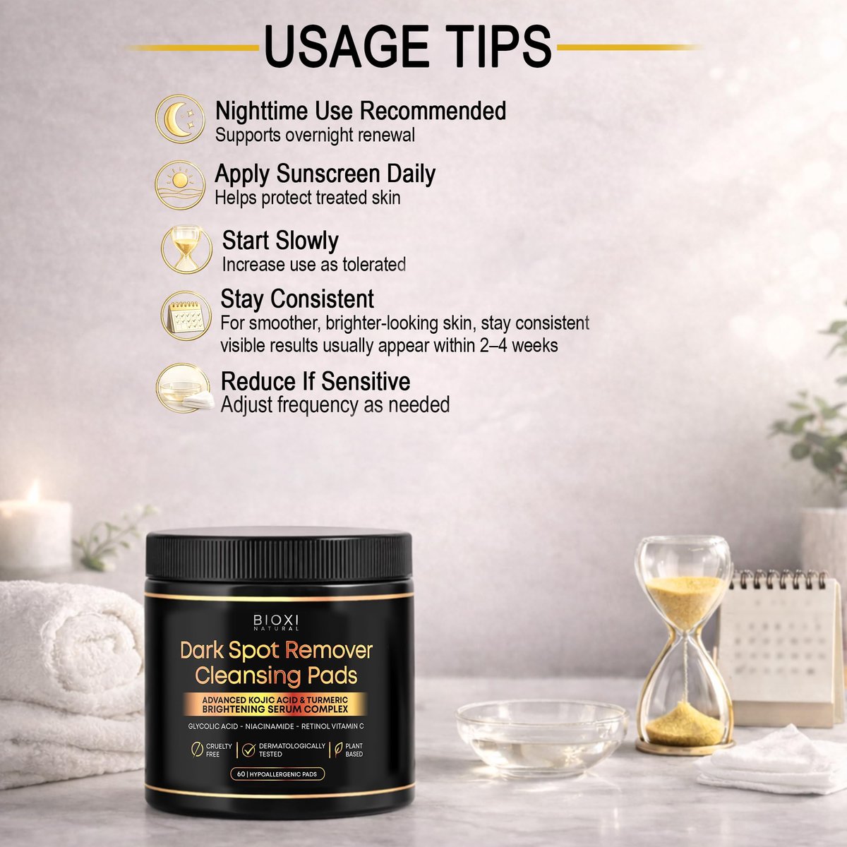Dark Spot Remover Cleansing Pads with Kojic Acid & Turmeric - Advanced Korean Brightening Serum Complex with Glycolic Acid, Niacinamide, Retinol & Vitamin C for Face & Body - 60 Hypoallergenic Pads Avelisse
