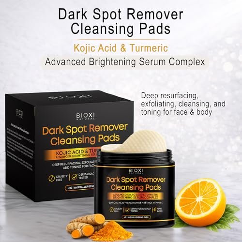 Dark Spot Remover Cleansing Pads with Kojic Acid & Turmeric - Advanced Korean Brightening Serum Complex with Glycolic Acid, Niacinamide, Retinol & Vitamin C for Face & Body - 60 Hypoallergenic Pads Avelisse