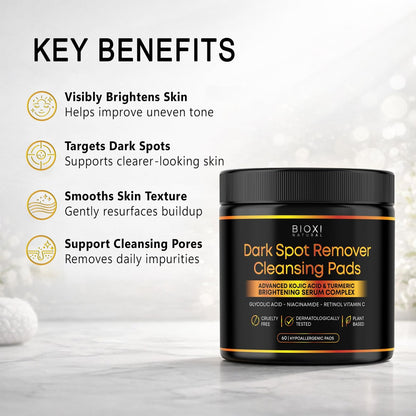 Dark Spot Remover Cleansing Pads with Kojic Acid & Turmeric - Advanced Korean Brightening Serum Complex with Glycolic Acid, Niacinamide, Retinol & Vitamin C for Face & Body - 60 Hypoallergenic Pads Avelisse