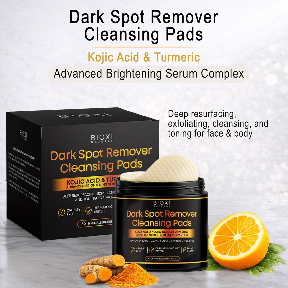 Dark Spot Remover Cleansing Pads with Kojic Acid & Turmeric - Advanced Korean Brightening Serum Complex with Glycolic Acid, Niacinamide, Retinol & Vitamin C for Face & Body - 60 Hypoallergenic Pads Avelisse
