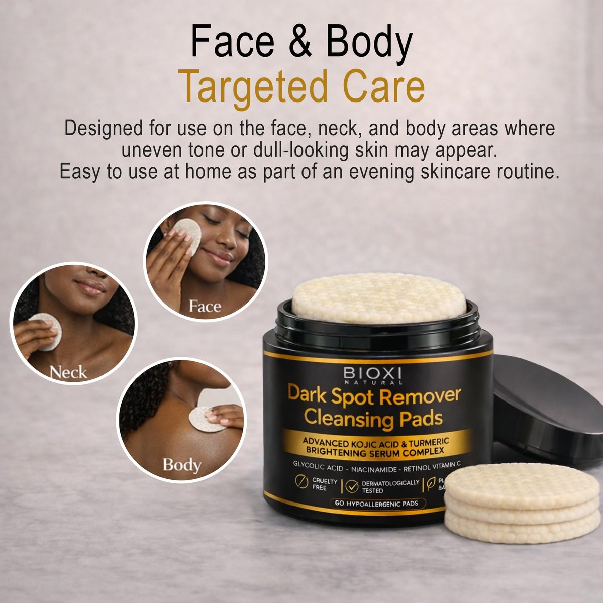 Dark Spot Remover Cleansing Pads with Kojic Acid & Turmeric - Advanced Korean Brightening Serum Complex with Glycolic Acid, Niacinamide, Retinol & Vitamin C for Face & Body - 60 Hypoallergenic Pads Avelisse