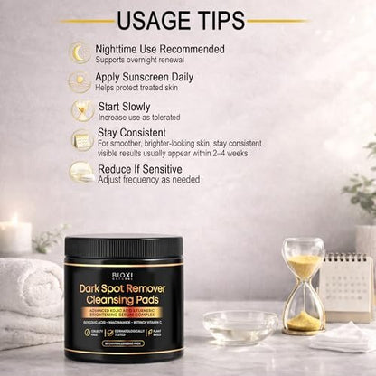 Dark Spot Remover Cleansing Pads with Kojic Acid & Turmeric - Advanced Korean Brightening Serum Complex with Glycolic Acid, Niacinamide, Retinol & Vitamin C for Face & Body - 60 Hypoallergenic Pads Avelisse