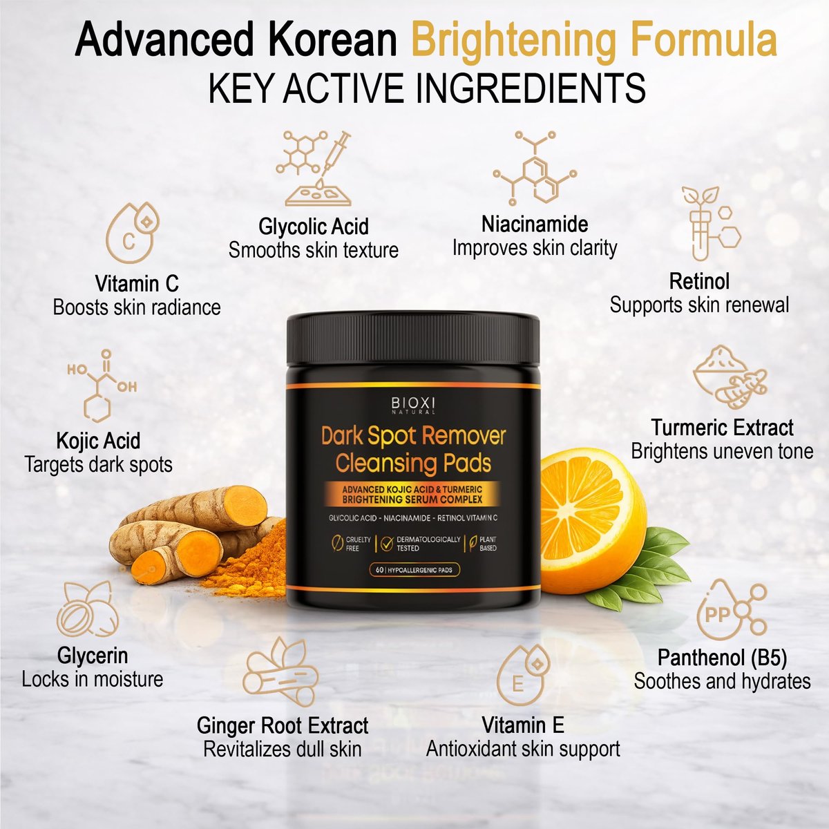 Dark Spot Remover Cleansing Pads with Kojic Acid & Turmeric - Advanced Korean Brightening Serum Complex with Glycolic Acid, Niacinamide, Retinol & Vitamin C for Face & Body - 60 Hypoallergenic Pads Avelisse
