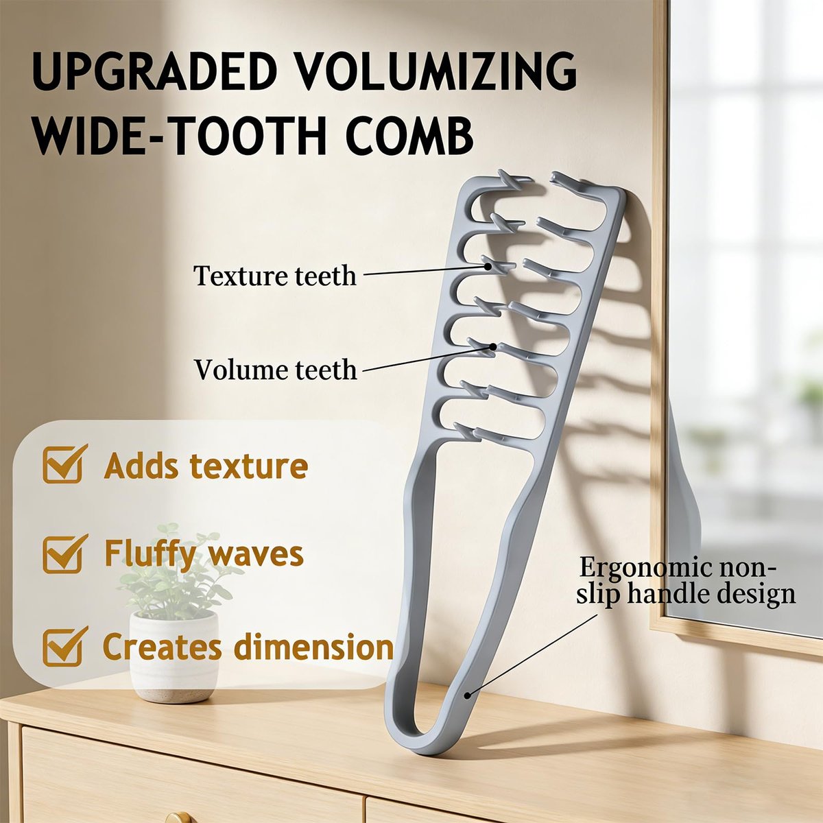 2 Pcs Texture Comb for Men - Upgrade Voluminous Wide-Toothed Hair Comb for Maximum Lift Roots Volume Tool, ABS Plastic with Textured Grip (Black + Grey) - görsel 3
