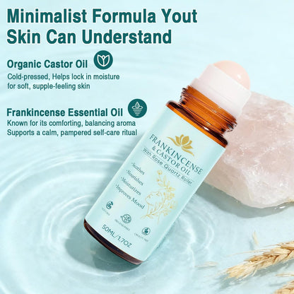 VOGUZY Frankincense and Castor Oil Rose Quartz Roller - Organic Cold-Pressed Face Oil for Firming Skin and Reducing Fine Lines, 50ml Avelisse
