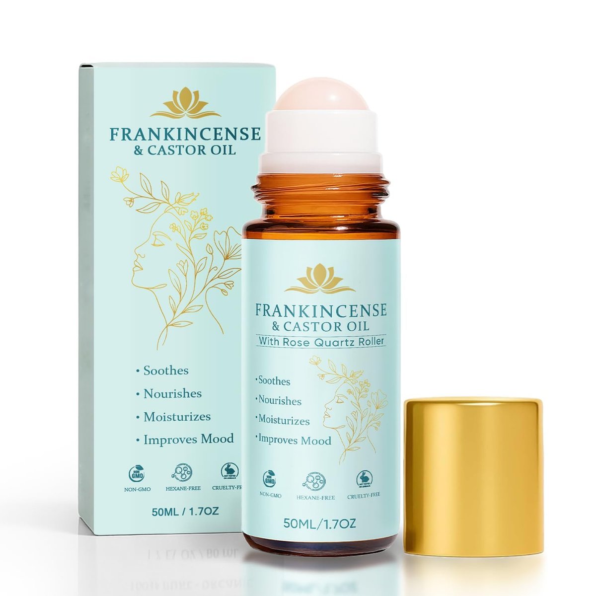 VOGUZY Frankincense and Castor Oil Rose Quartz Roller - Organic Cold-Pressed Face Oil for Firming Skin and Reducing Fine Lines, 50ml Avelisse