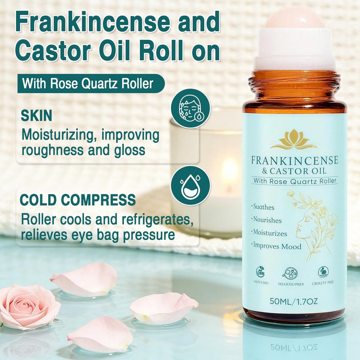 VOGUZY Frankincense and Castor Oil Rose Quartz Roller - Organic Cold-Pressed Face Oil for Firming Skin and Reducing Fine Lines, 50ml Avelisse