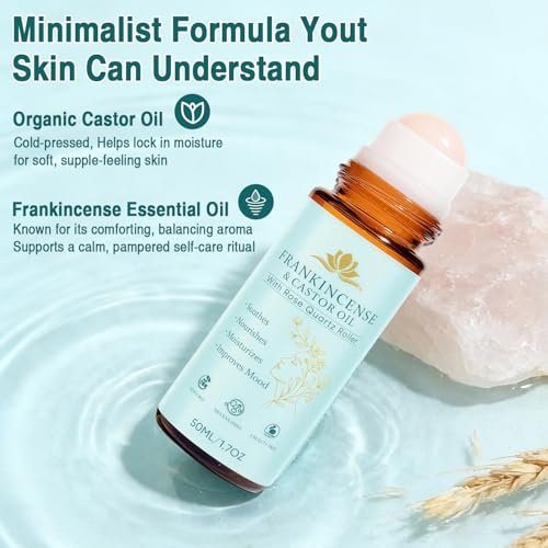VOGUZY Frankincense and Castor Oil Rose Quartz Roller - Organic Cold-Pressed Face Oil for Firming Skin and Reducing Fine Lines, 50ml Avelisse