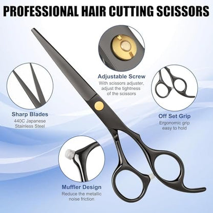 Professional Hair Cutting Scissors Set with Thinning Shears - Stainless Steel Barber Scissors for Men, Women, Kids, Salon & Home Use