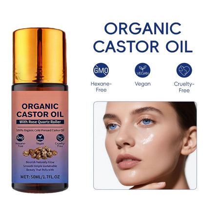Organic Castor Oil Roll On with Rose Quartz Roller - 100% Pure Cold Pressed, Hexane-Free for Face, Body, Hair & Eyebrows (1.7 Fl Oz) Avelisse