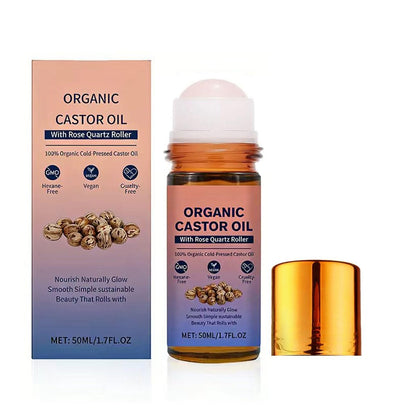 Organic Castor Oil Roll On with Rose Quartz Roller - 100% Pure Cold Pressed, Hexane-Free for Face, Body, Hair & Eyebrows (1.7 Fl Oz) Avelisse